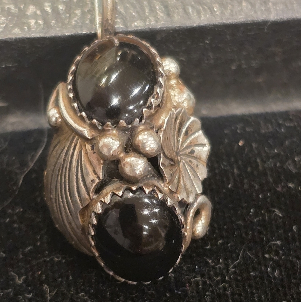 Navajo Sterling Silver Pendant Black Stone Aaron Anderson "AA" 1.25"